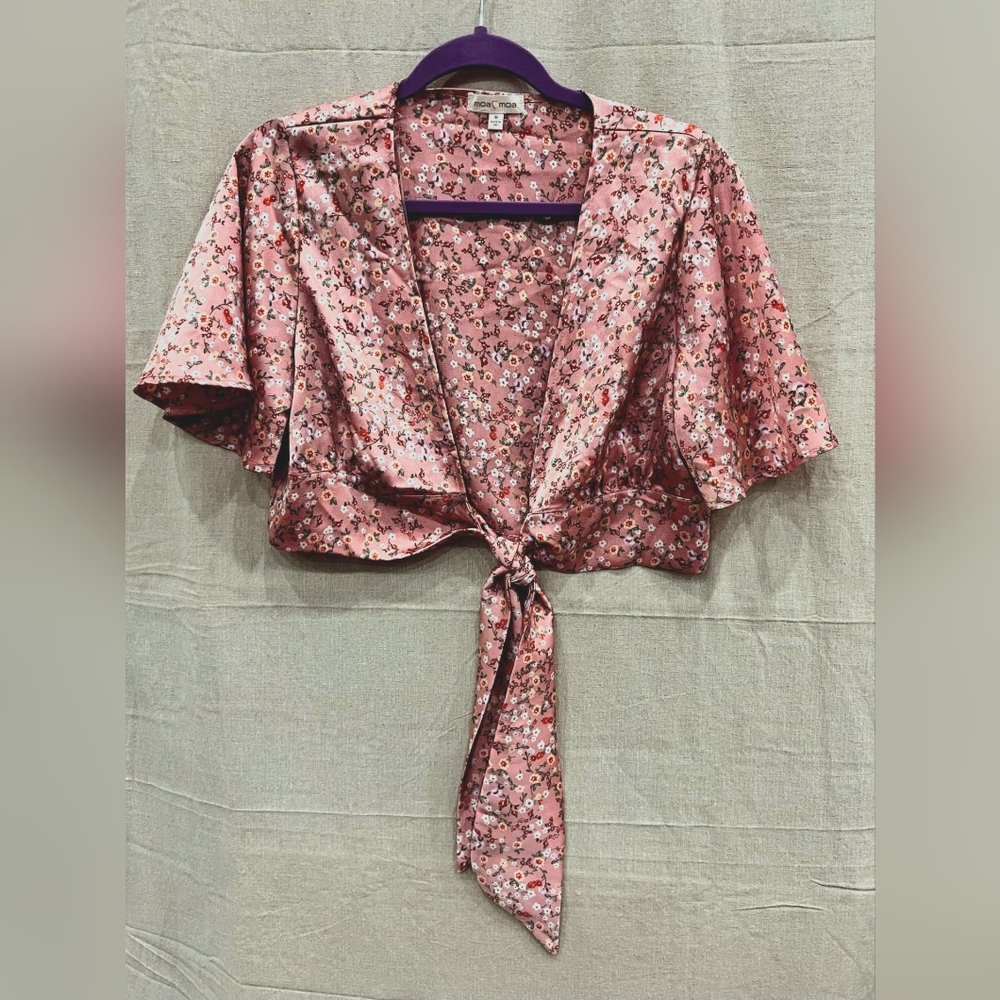 Moa Moa Cropped Wrapped Pink Floral Blouse Size Med